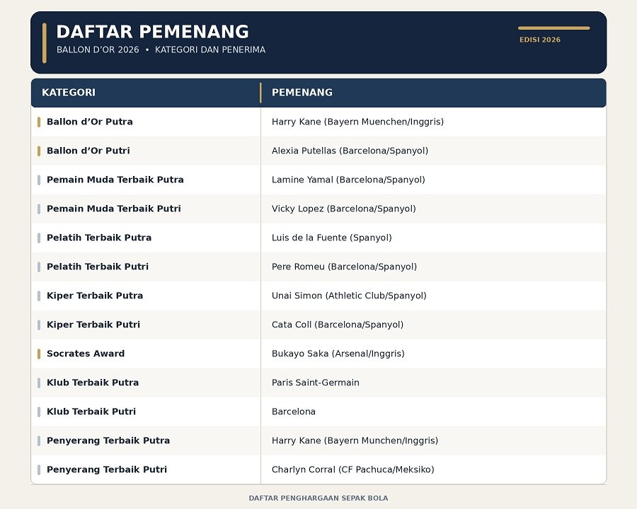 Harry Kane dan Alexia Putellas Raih Ballon d’Or 2026, Ini Daftar Lengkap 13 Pemenangnya
